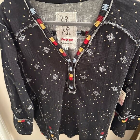Johnny Was Nazareth Black Gauze Tunic Top with Colorful Accents. - Picture 4 of 9